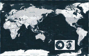 World Map - Pacific View - Asia China Center - The Poles - Dark Black Grayscale Political - Vector Detailed Illustration © Porcupen