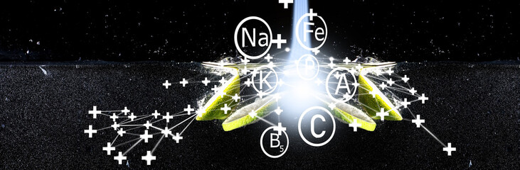 Water drops on ripe sweet lemon. Fresh lime  background with copy space for your text. Vegan concept.