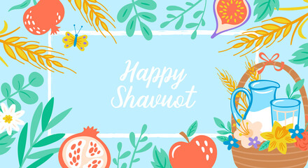 Jewish holiday shavuot banner design with fruits, wheat and milk in basket. Greeting card template background.