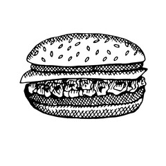 Fast food hamburger, vector illustration, hand drawing, sketch