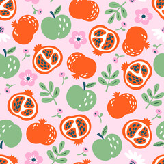 Seamless pattern background with apples and pomegranate. Childish print for cards, wallpapers and templates.
