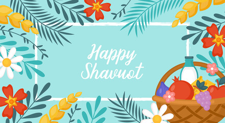 Jewish holiday shavuot banner design with fruits, wheat and milk in basket. Greeting card template background.