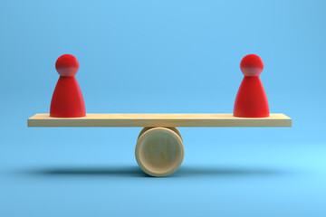 Two Red Pawn Figures Balancing on Wooden Seesaw over Blue Background. 3D Rendering