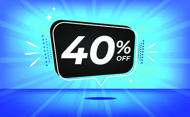 40% off. Blue banner with forty percent discount on a black balloon for mega big sales.