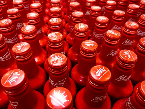 AUGUSTA, GEORGIA - APRIL 2, 2021 : Budweiser aluminum beer bottles on grocery store display. Budweiser are among the top selling domestic beers in the United States.