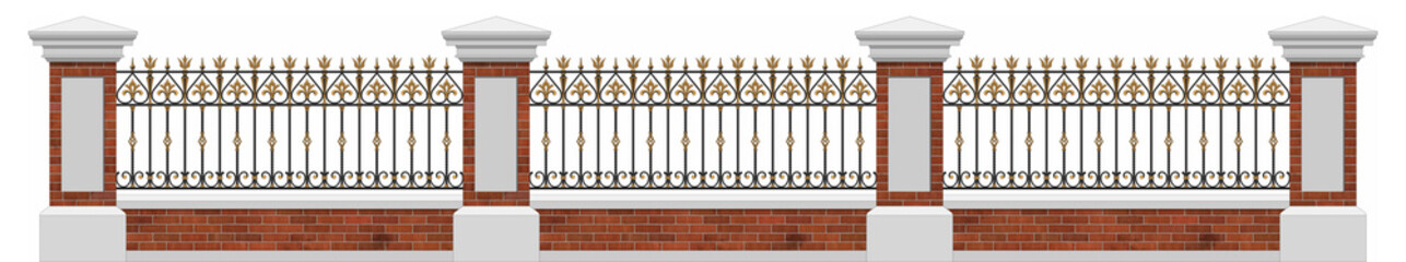 Classic iron fence with stone pillars. Wrought iron fence. Gold decor. Elements of architecture. Red brick pillars. Palace. City. Street. Park. Blacksmithing. 3D rendering. Seamless. Isolated on white