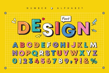  Modern playful alphabet letter and number set. Bright, vivid multicolor funky font or typography. Vector bold font for poster, flyer, book cover, greeting card, product packaging, graphic print, etc. © TinyDoz