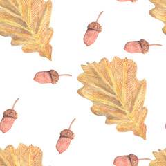 Raster seamless watercolor pattern with acorns and oak leaves. Colored hand drawn tracery.