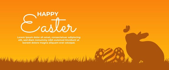 Easter banner design template. Modern banner design with a silhouette of grass, rabbit, butterfly, and egg. Usable for website, greeting card, banner, backdrop, and background. Vector design isolated.