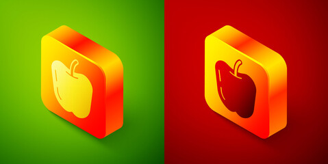 Isometric Apple icon isolated on green and red background. Fruit with leaf symbol. Square button. Vector
