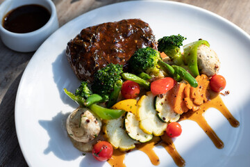 Grilled Steak and Grilled Vegetables beautifully decorated 