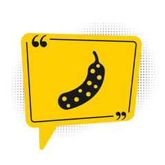 Black Fresh cucumber icon isolated on white background. Yellow speech bubble symbol. Vector