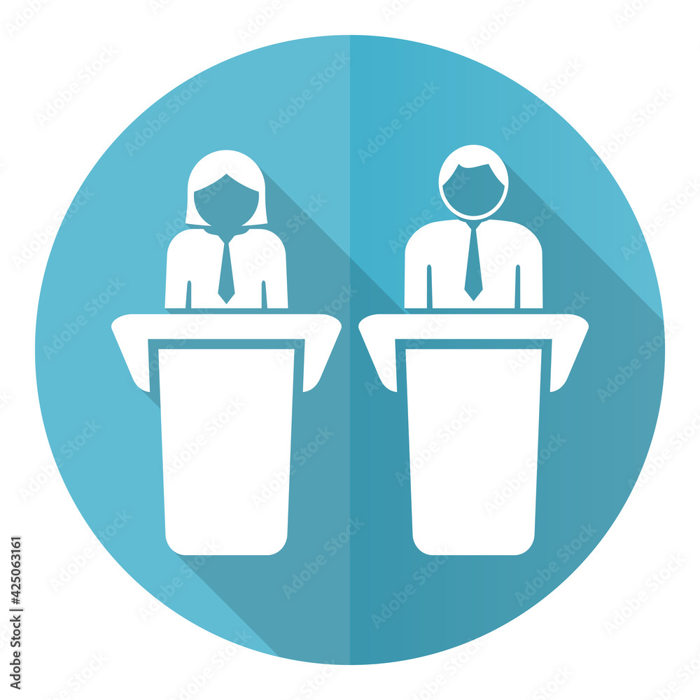 Poster debate, business presentation blue icon, flat design vector illustration in eps 10 for webdesign and