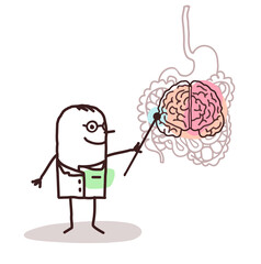 Cartoon Doctor Explaining that Bowel is like a second Brain