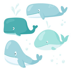 Vector cartoon set illustrations of whales of different shapes and sizes. Cute collection heroes of the seas and oceans for children books and decorations.