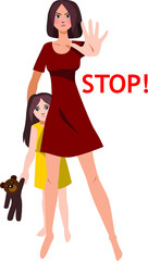 A mother protecting her child. The child is in danger