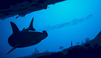 Vector illustration of underwater world scene with coral reefs and hammerhead shark in the deep blue ocean .