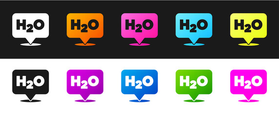 Set Chemical formula for water drops H2O shaped icon isolated on black and white background. Vector