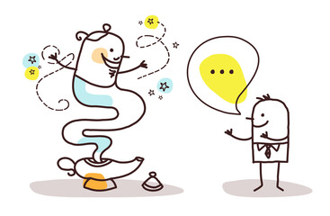 Cartoon Man making a Wish with the Genie of the Lamp