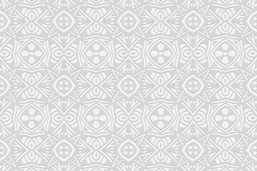 Volumetric convex white background. Ethnic African, Mexican, Native American style. 3D relief ornament. Geometric beautiful wallpaper for design and decor.