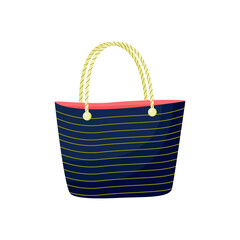 a navy navy-style beach bag with beige stripes and rope handles. summer or shopping clipart, icon. Vector illustration on a white background in the style of flat cartoon isolated