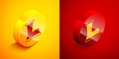 Isometric Fire boots icon isolated on orange and red background. Circle button. Vector