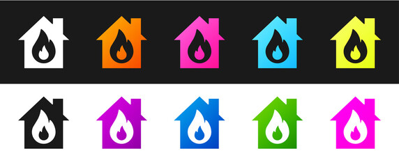 Set Fire in burning house icon isolated on black and white background. Vector