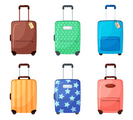 Vector set of suitcases in cartoon style. Baggage for travel. Isolated on a white background. Collection of vacation luggage with different prints

