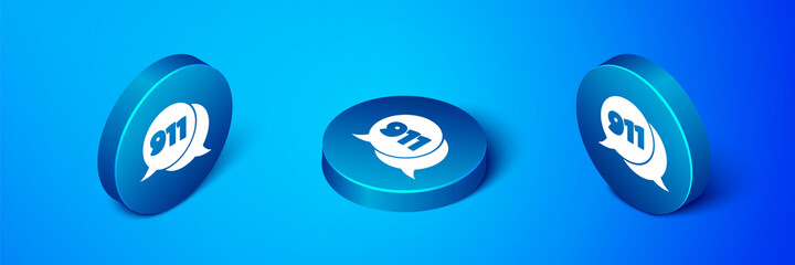 Obraz premium Isometric Telephone with emergency call 911 icon isolated on blue background. Police, ambulance, fire department, call, phone. Blue circle button. Vector