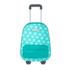 Vector travel suitcase in cartoon style. Light blue baggage with print. Illustration isolated on white background. Vacation bag.
