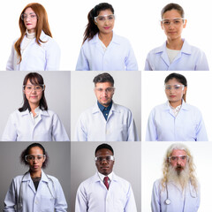 Collage of doctors and healthcare workers looking at camera shot in studio