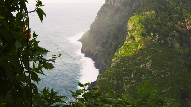 Madeira nature panorama with coastline, clifs and mountain road in S&atilde;o Jorge