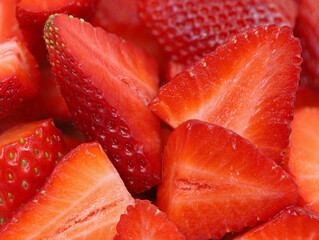 close up of sliced ripe red strawberries, superfood background