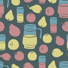 Vector seamless pattern with pitcher and fruits. Jug with juice and fruits.