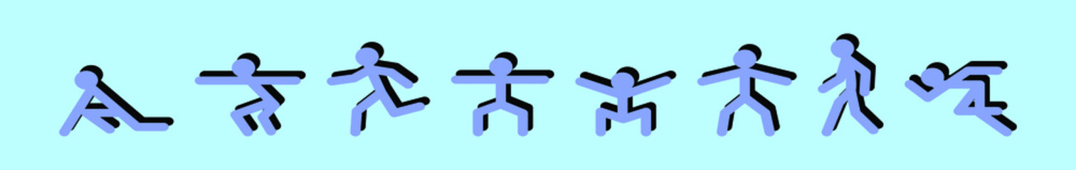 set of stick man exercise cartoon icon design template with various models. vector illustration isolated on blue background