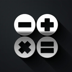 Obraz premium Silver Calculator icon isolated on black background. Accounting symbol. Business calculations mathematics education and finance. Long shadow style. Vector