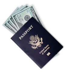 US American passport and dollars isolated on white background including clipping path.