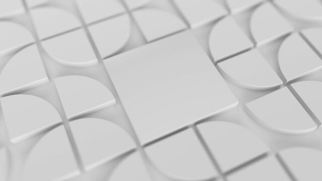 Modern white background with swiss styled semicircular 3d elements changing pattern. Minimal light background with shallow DOF.