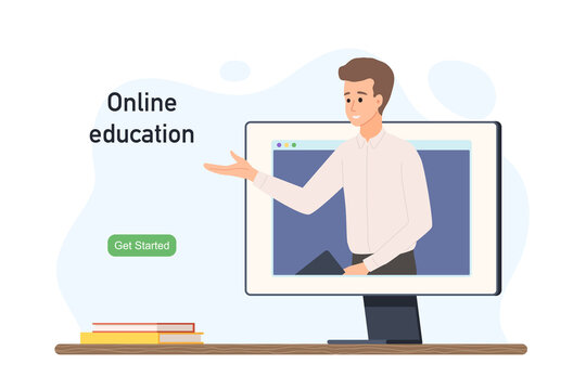 Online education at school and university. Distance lessons with a teacher. Video course, siminar, master class on the Internet. Educator at the computer screen. E-learning banner. Vector illustration