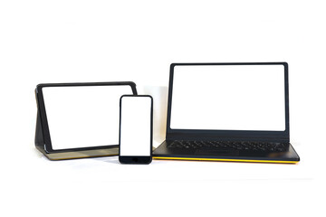 laptop and phone and tablet on a white background and with a white screen - easy customization