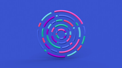 Colorful circle shapes. Blue background. Abstract illustration, 3d render.