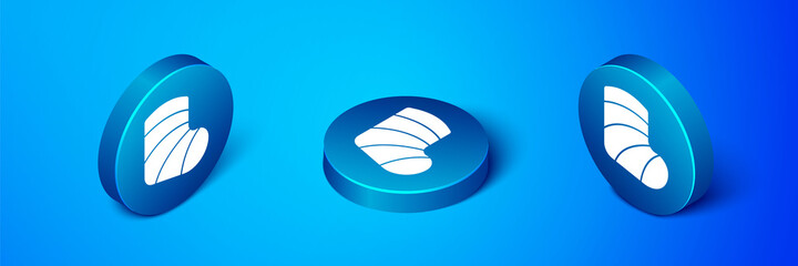 Isometric Gypsum cast medical health broken leg icon isolated on blue background. Blue circle button. Vector