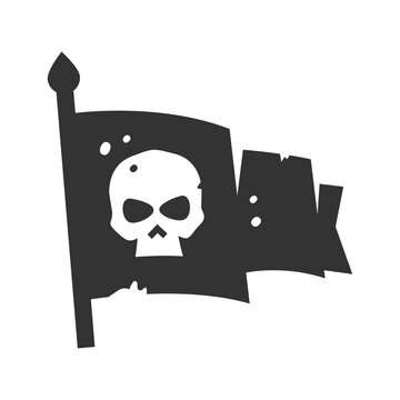 Pirate flag with skull on cloth bold black silhouette icon, pictogram isolated on white.