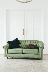 Green comfortable sofa in bright living room with minimalist interior.