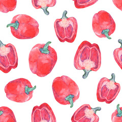 Seamless pattern with hand-drawn watercolor red bell pepper.