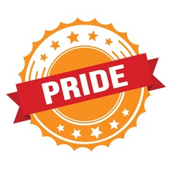 PRIDE text on red orange ribbon stamp.