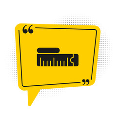 Black Tape measure icon isolated on white background. Measuring tape. Yellow speech bubble symbol. Vector