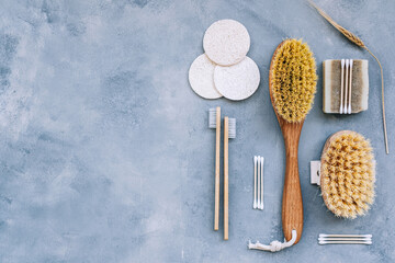 Natural eco friendly accessories for self care, dry massage brushes, bamboo toothbrushes, loofah facial sponges and natural soap.