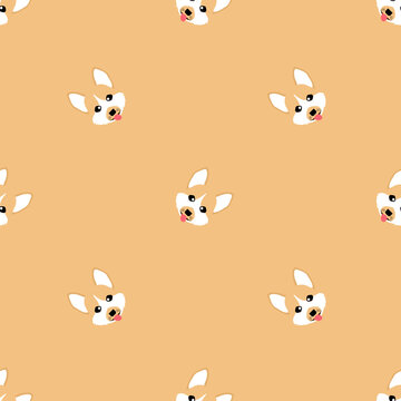 Dog seamless pattern, Corgi on orange background.	