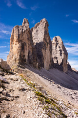 Tre cime di Lavaredo mountain peaks in Italy, a famous travel destination in Dolomite mountains - obrazy, fototapety, plakaty